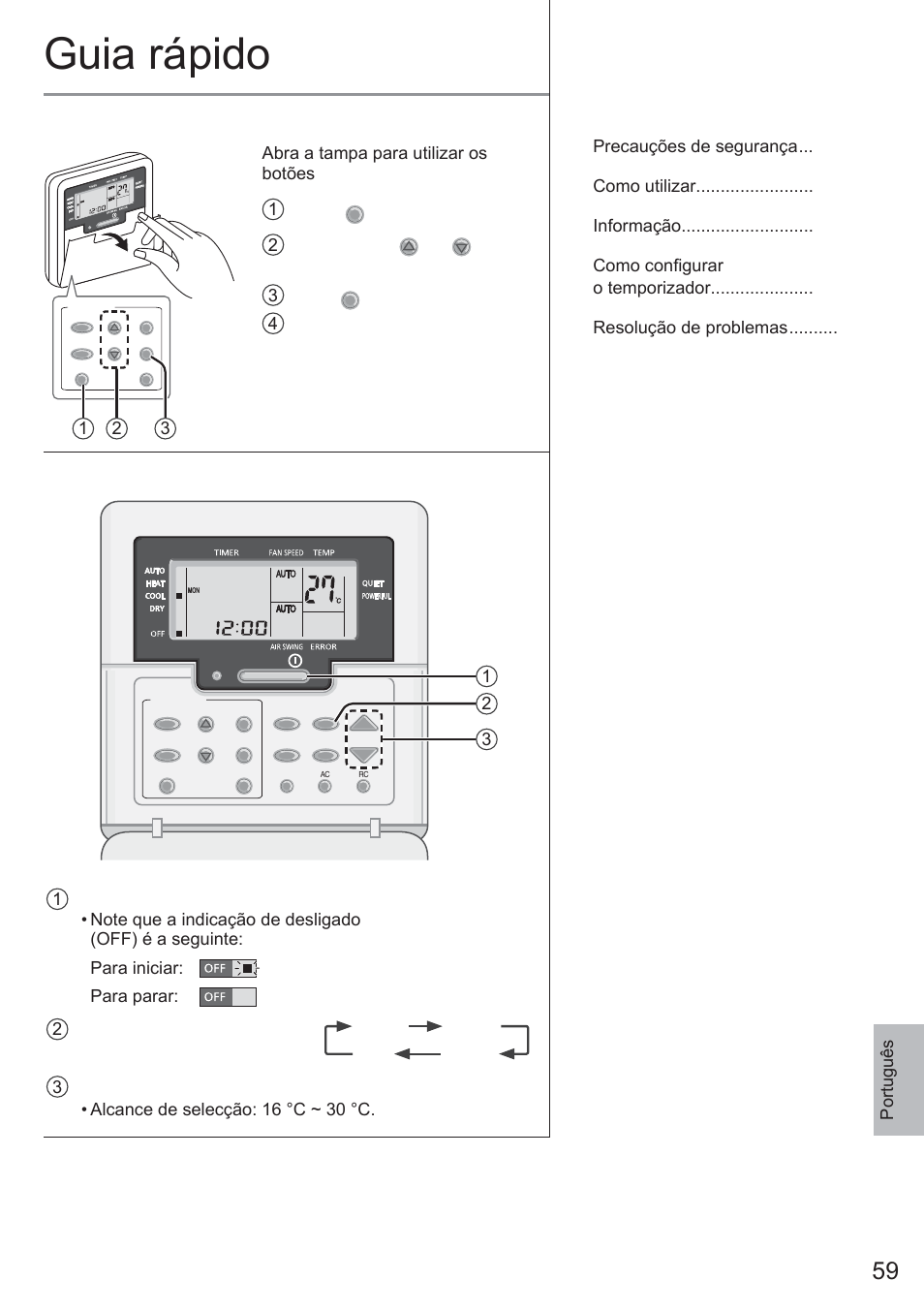 Guia rápido, Preparação do controlo remoto, Funcionamento básico | Índice, Português, 31 2 abra a tampa para utilizar os botões 1 prima, 2 prima timer, Para seleccionar o dia actual 3 prima | Panasonic CU2E15PBE User Manual | Page 59 / 76