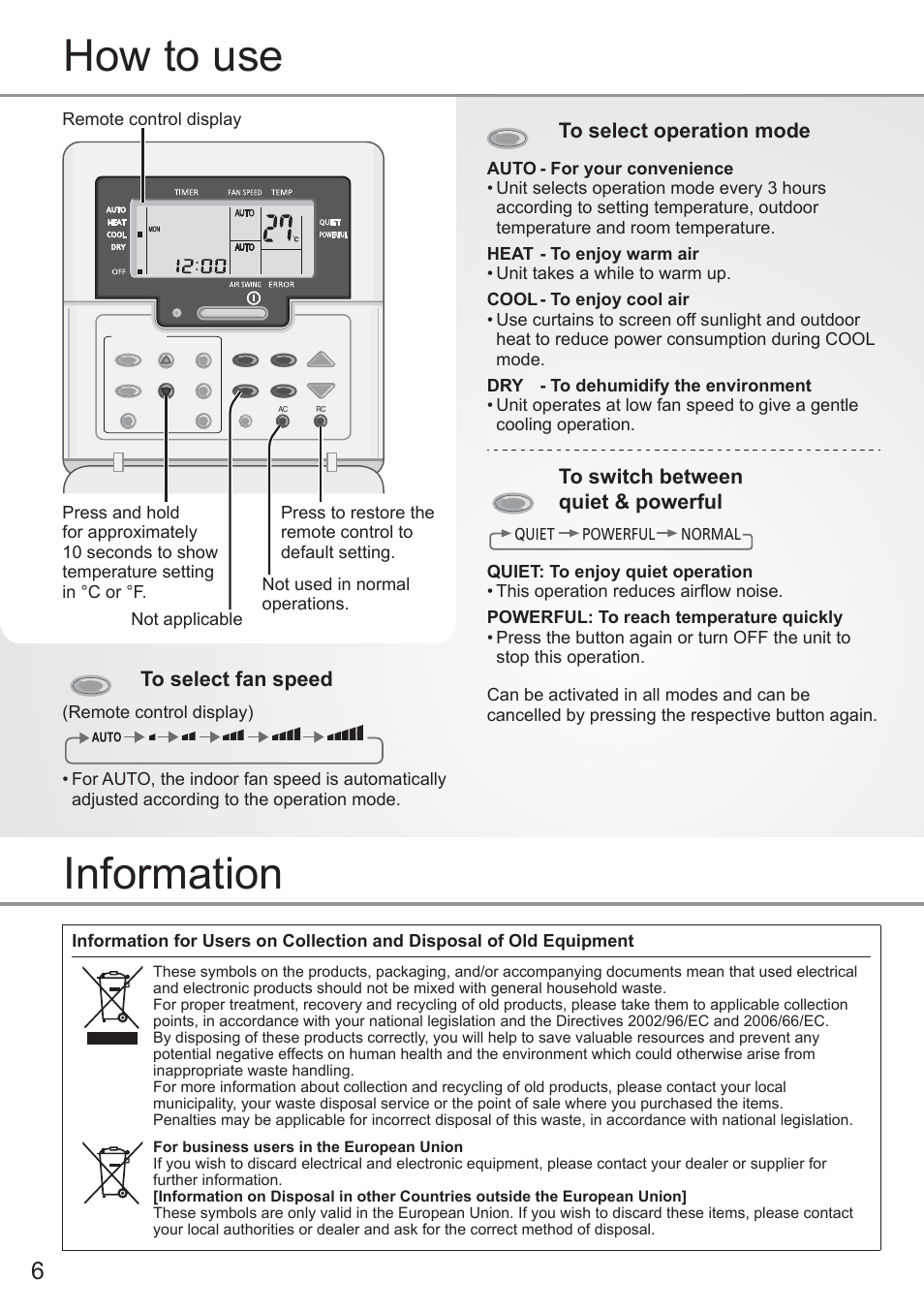 How to use, Information | Panasonic CU2E15PBE User Manual | Page 6 / 76