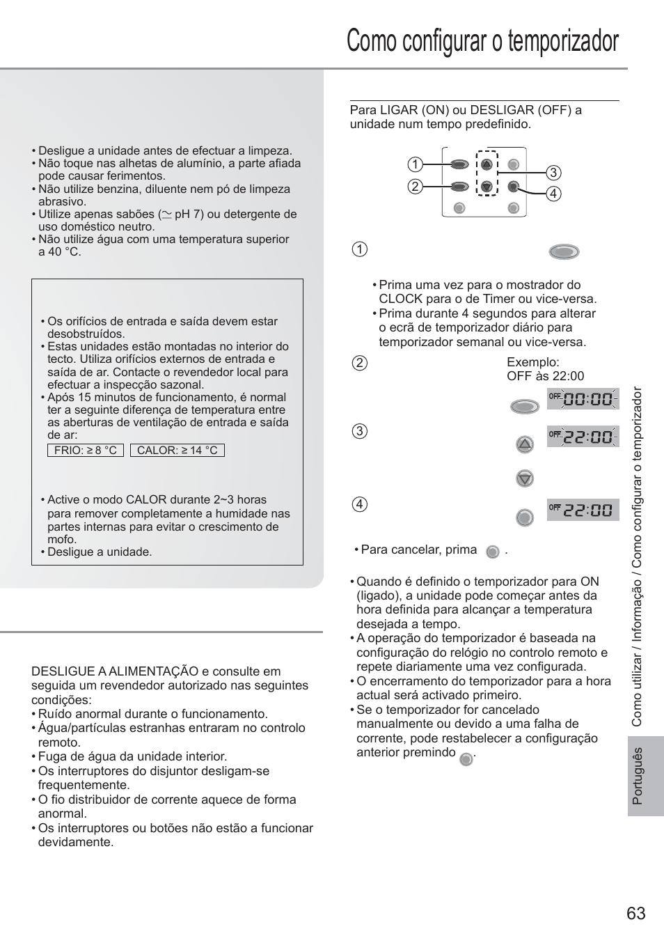 Como confi gurar o temporizador, Mostrador de timer diário, Critérios sem manutenção | Panasonic CU2E15PBE User Manual | Page 63 / 76