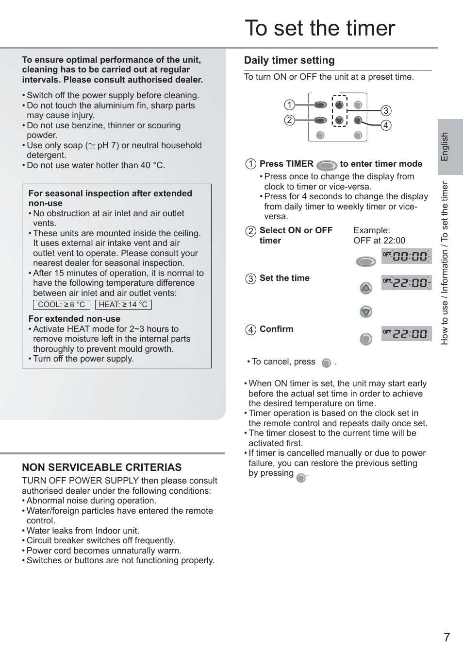 Non serviceable criterias, Daily timer setting | Panasonic CU2E15PBE User Manual | Page 7 / 76