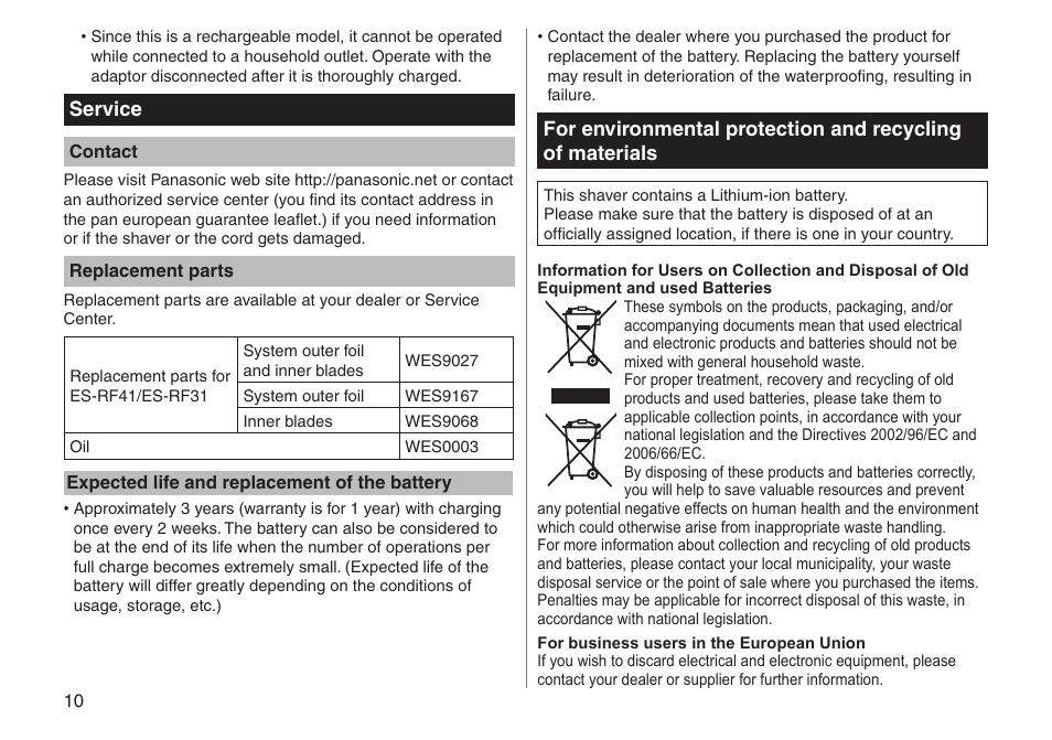 Service | Panasonic ESRF31 User Manual | Page 10 / 142