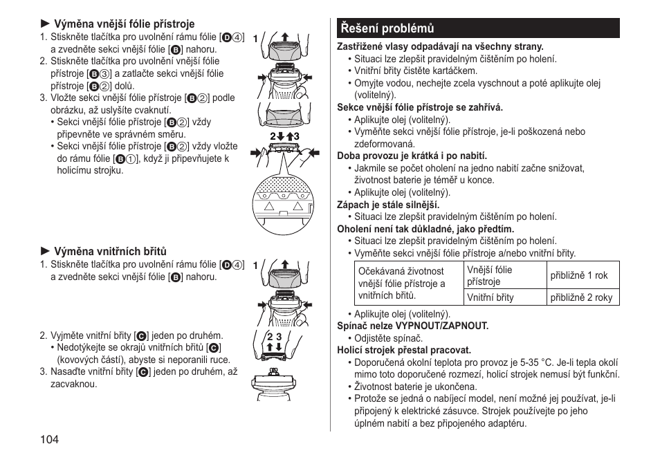 Řešení problémů | Panasonic ESRF31 User Manual | Page 104 / 142