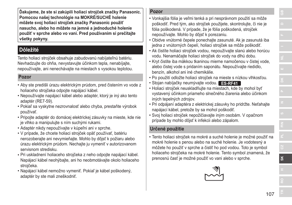 Dôležité | Panasonic ESRF31 User Manual | Page 107 / 142