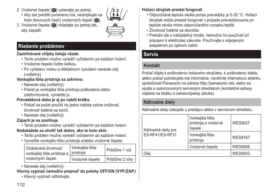 Riešenie problémov, Servis | Panasonic ESRF31 User Manual | Page 112 / 142
