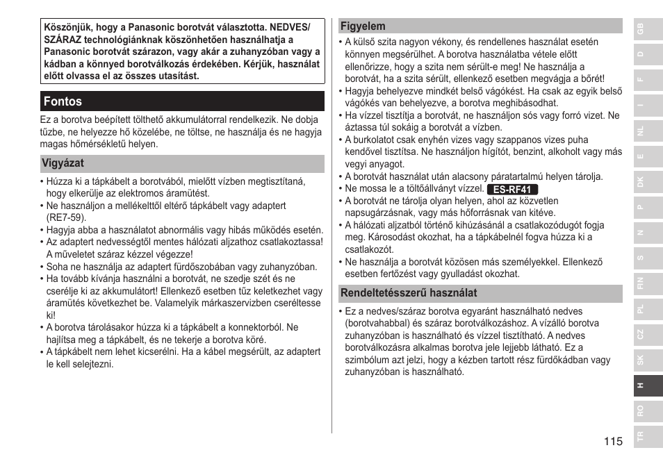 Fontos | Panasonic ESRF31 User Manual | Page 115 / 142