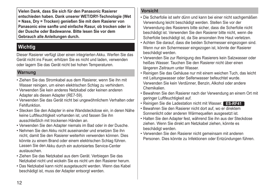 Wichtig | Panasonic ESRF31 User Manual | Page 12 / 142