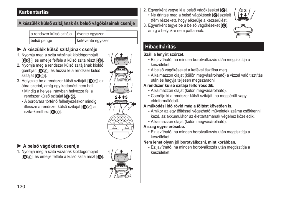 Karbantartás, Hibaelhárítás | Panasonic ESRF31 User Manual | Page 120 / 142