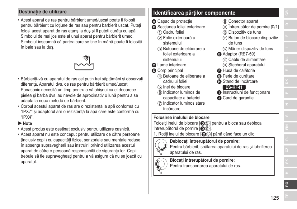 Identificarea părţilor componente | Panasonic ESRF31 User Manual | Page 125 / 142