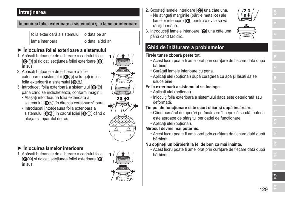 Întreţinerea, Ghid de înlăturare a problemelor | Panasonic ESRF31 User Manual | Page 129 / 142