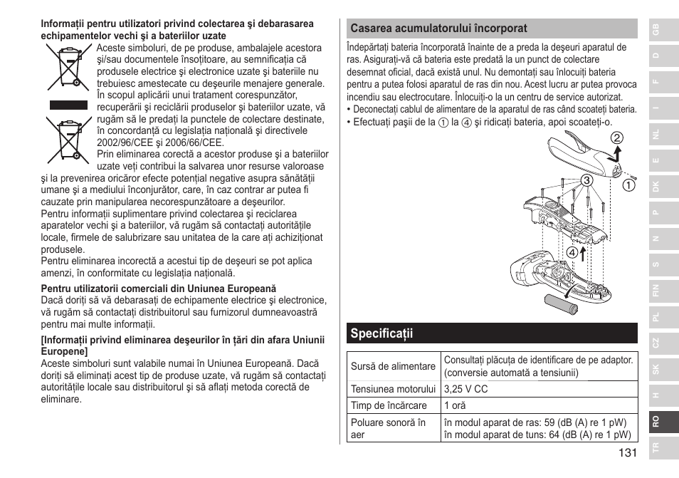 Specificaţii | Panasonic ESRF31 User Manual | Page 131 / 142