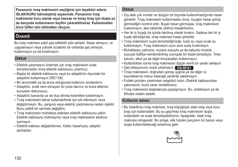 Önemli | Panasonic ESRF31 User Manual | Page 132 / 142
