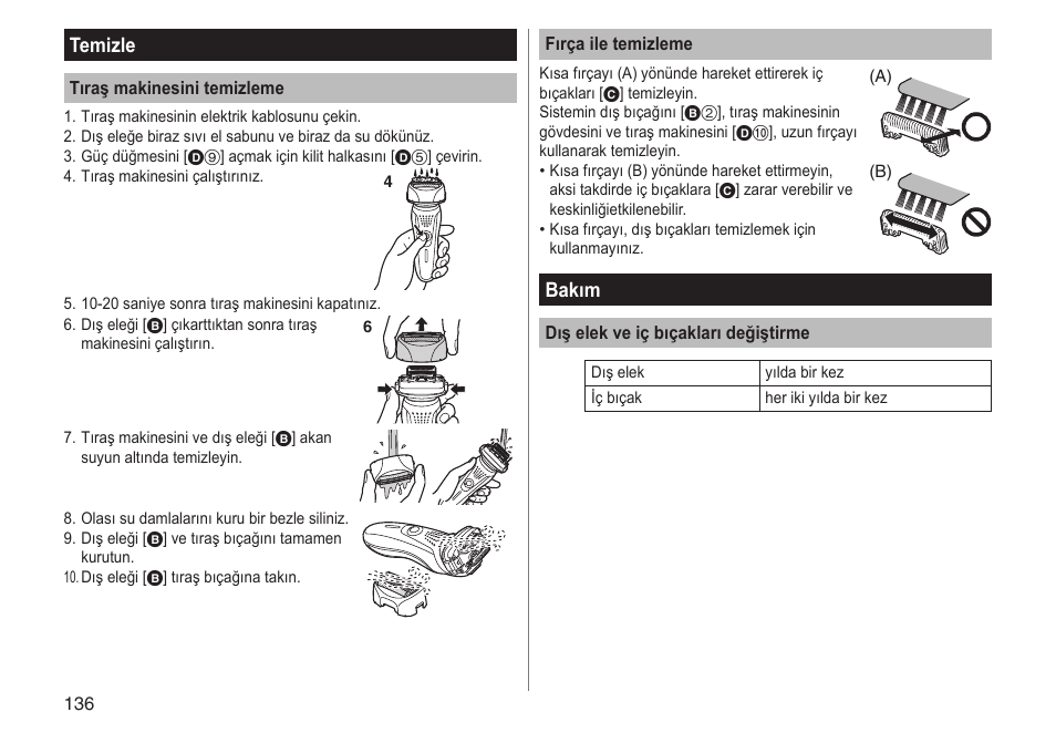 Temizle, Bakım | Panasonic ESRF31 User Manual | Page 136 / 142
