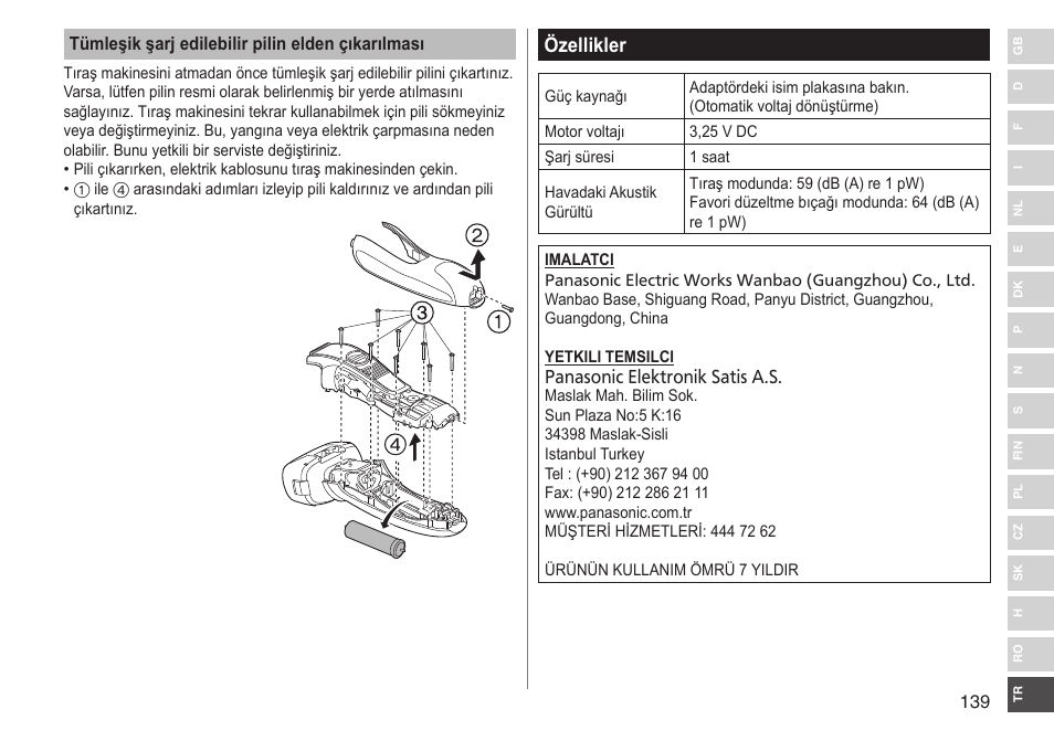 Özellikler | Panasonic ESRF31 User Manual | Page 139 / 142