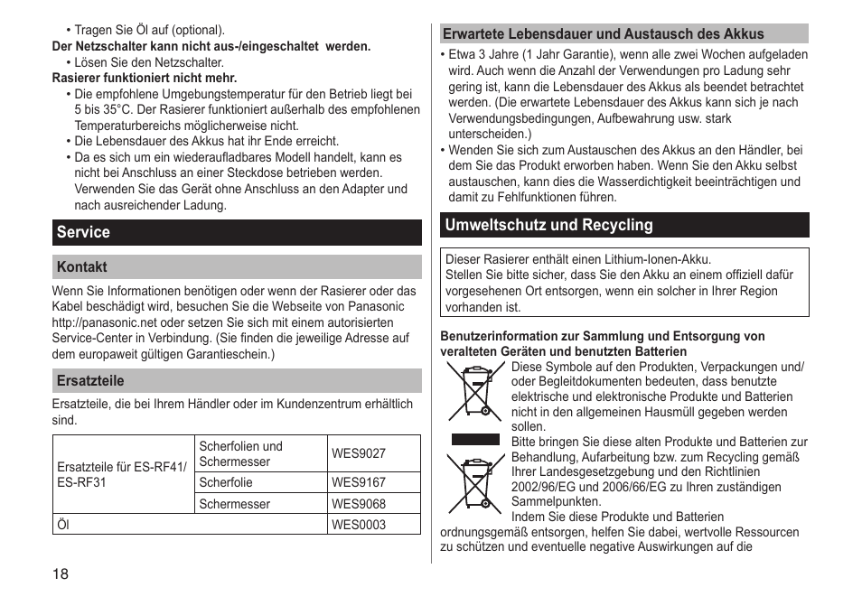 Service, Umweltschutz und recycling | Panasonic ESRF31 User Manual | Page 18 / 142