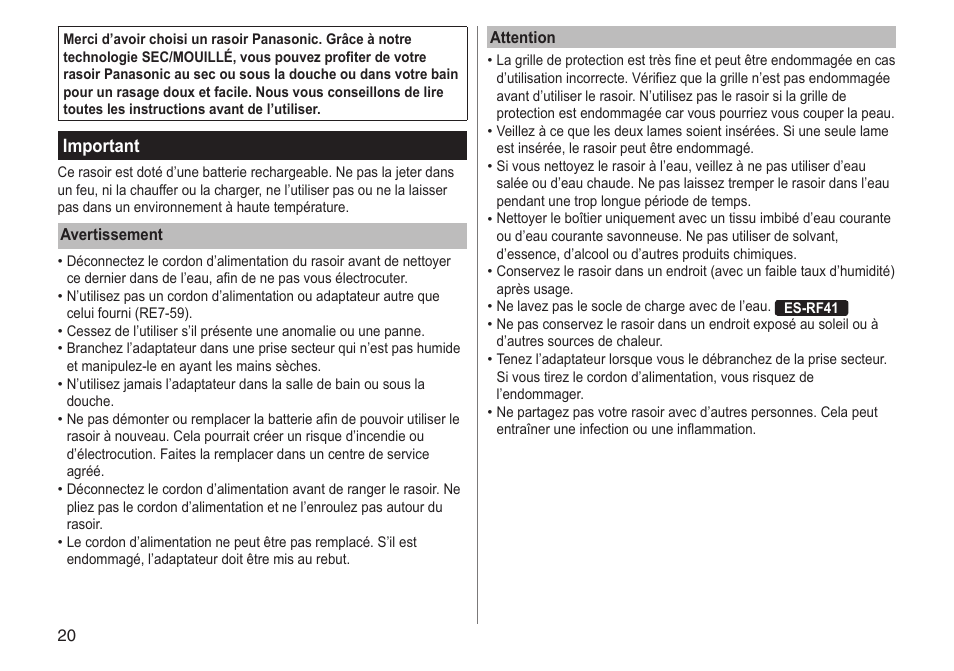 Important | Panasonic ESRF31 User Manual | Page 20 / 142
