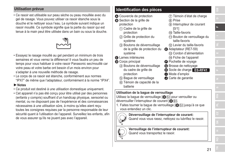 Identification des pièces | Panasonic ESRF31 User Manual | Page 21 / 142