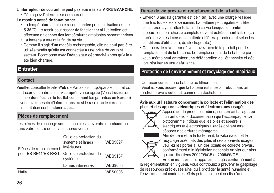 Entretien | Panasonic ESRF31 User Manual | Page 26 / 142