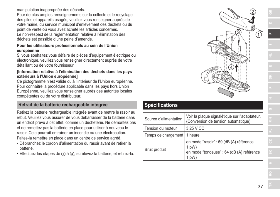Spécifications | Panasonic ESRF31 User Manual | Page 27 / 142