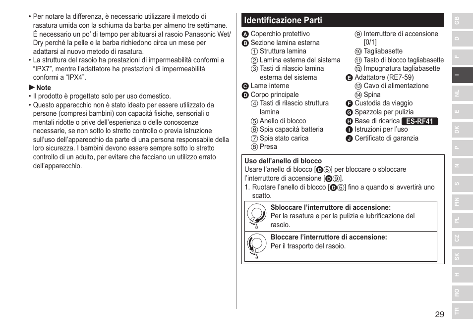 Identificazione parti | Panasonic ESRF31 User Manual | Page 29 / 142