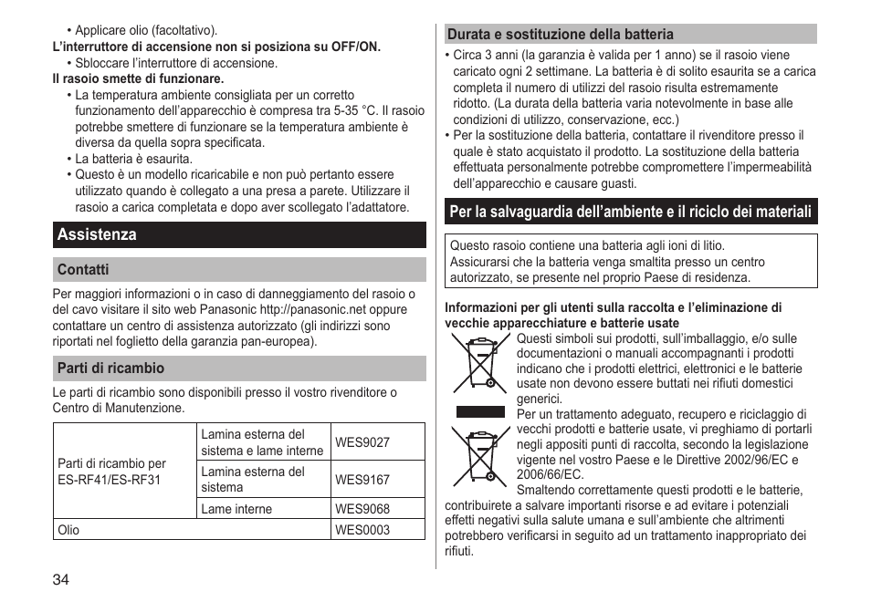 Assistenza | Panasonic ESRF31 User Manual | Page 34 / 142