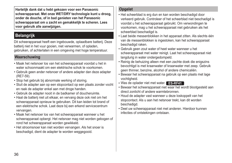 Belangrijk | Panasonic ESRF31 User Manual | Page 36 / 142