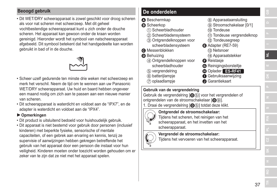 De onderdelen | Panasonic ESRF31 User Manual | Page 37 / 142