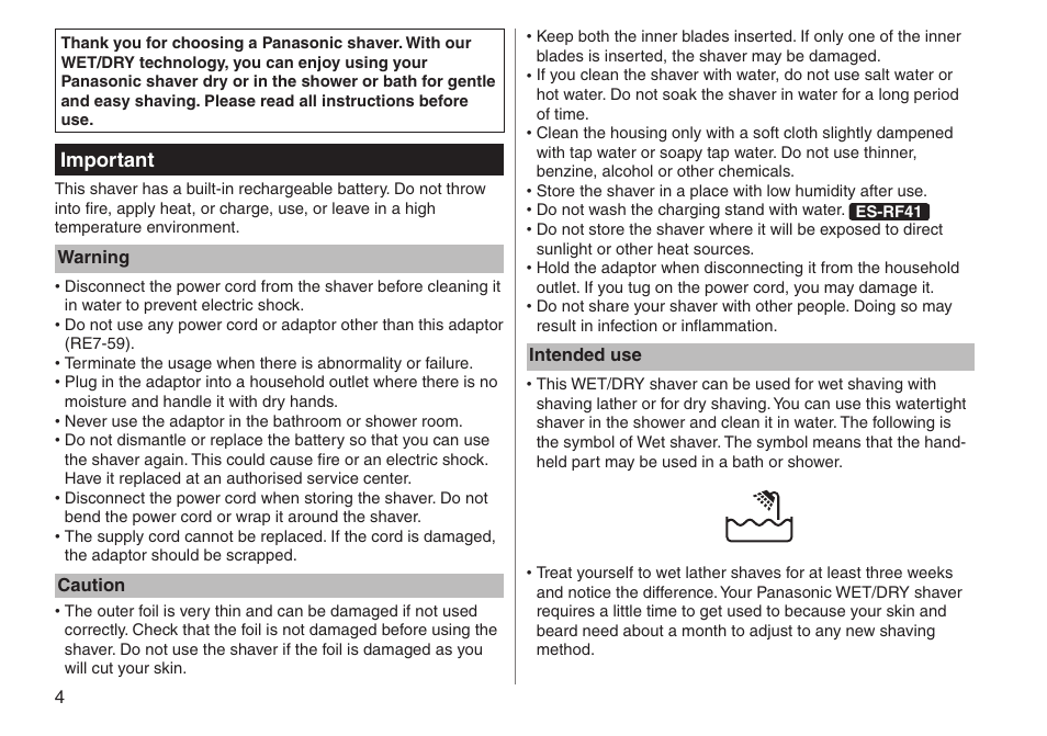 Important | Panasonic ESRF31 User Manual | Page 4 / 142