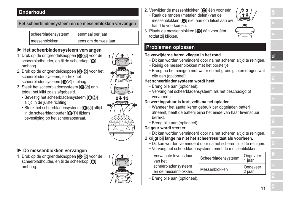 Onderhoud, Problemen oplossen | Panasonic ESRF31 User Manual | Page 41 / 142