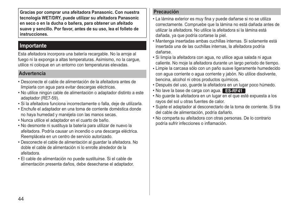 Importante | Panasonic ESRF31 User Manual | Page 44 / 142