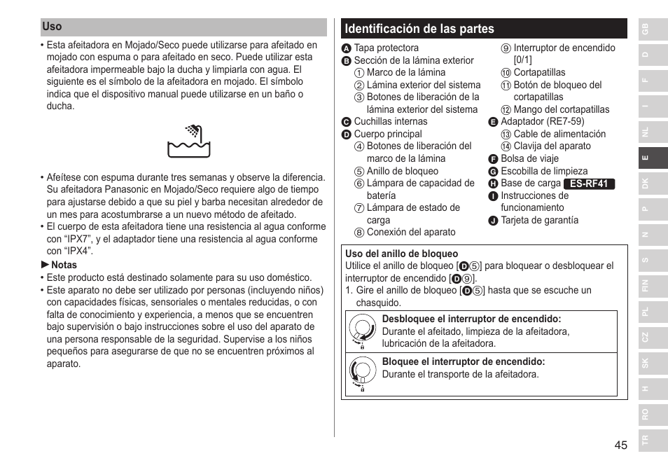 Identificación de las partes | Panasonic ESRF31 User Manual | Page 45 / 142