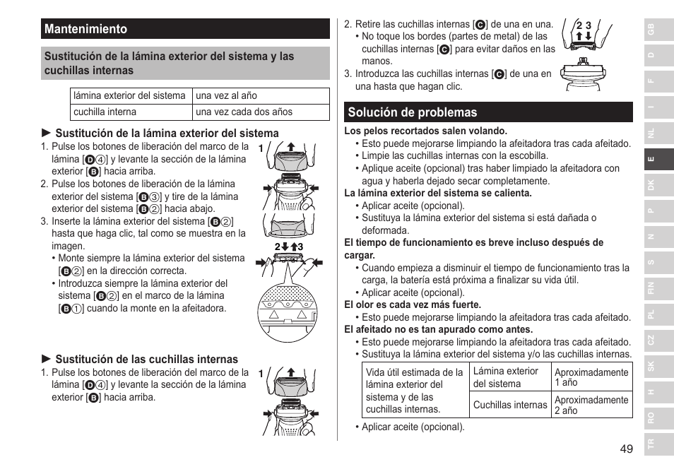 Mantenimiento, Solución de problemas | Panasonic ESRF31 User Manual | Page 49 / 142