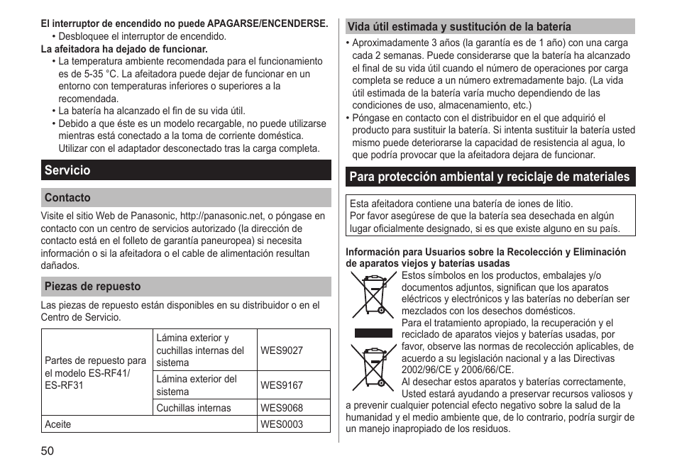 Servicio | Panasonic ESRF31 User Manual | Page 50 / 142