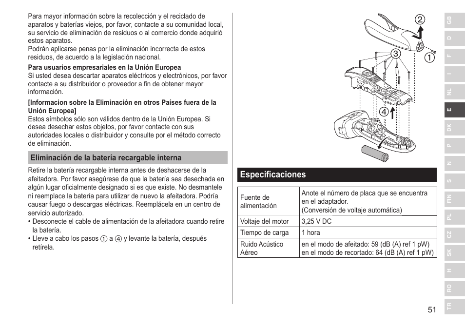 Especificaciones | Panasonic ESRF31 User Manual | Page 51 / 142