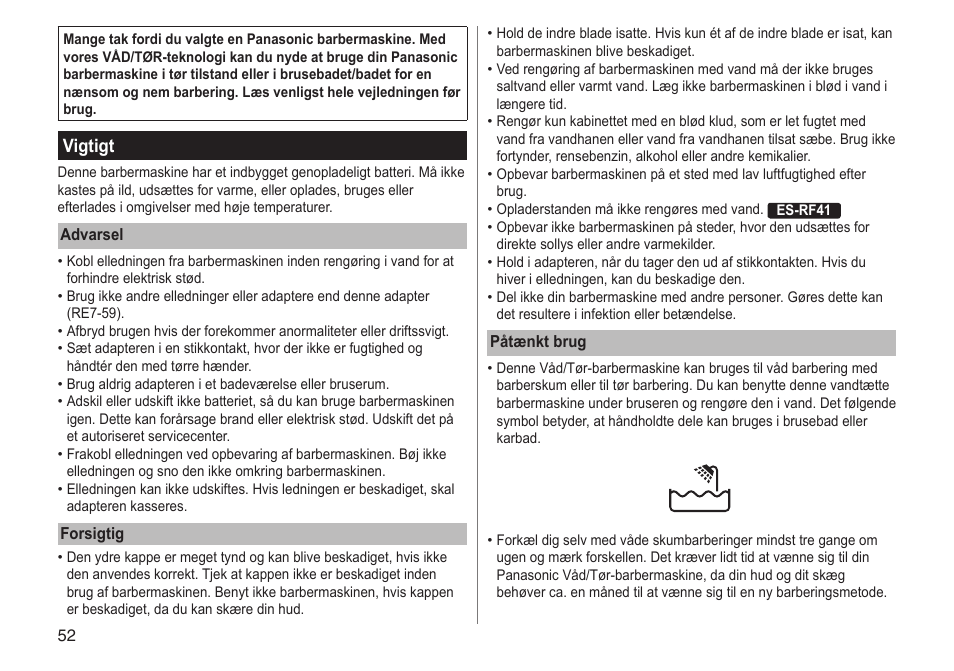 Vigtigt | Panasonic ESRF31 User Manual | Page 52 / 142