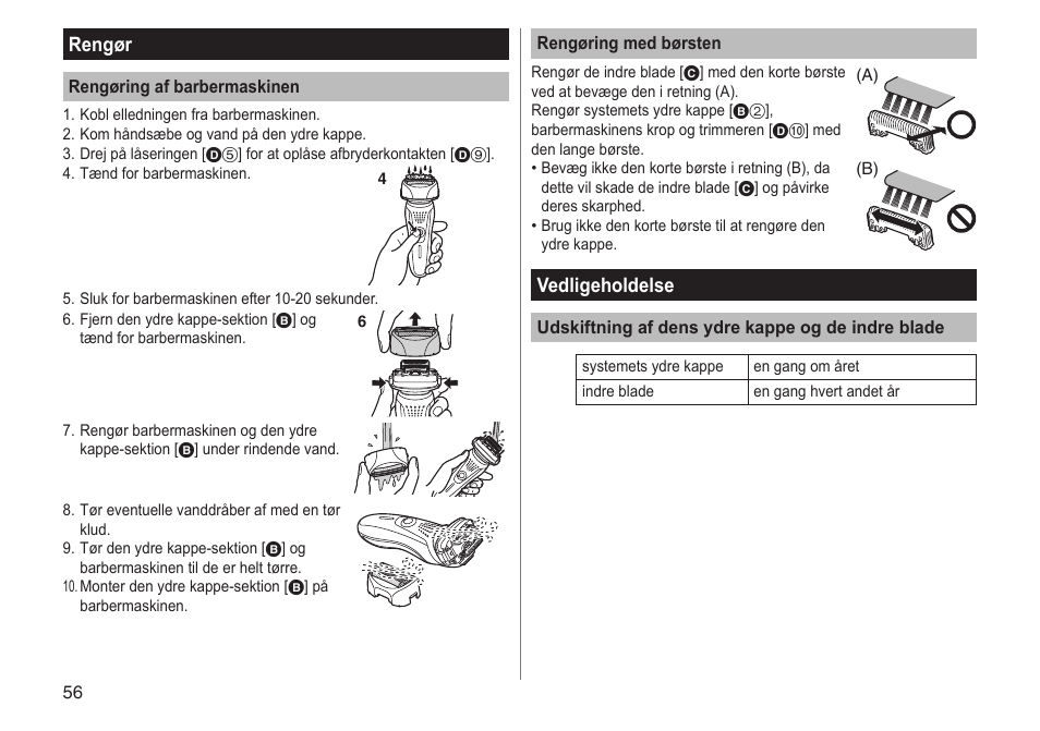 Rengør, Vedligeholdelse | Panasonic ESRF31 User Manual | Page 56 / 142