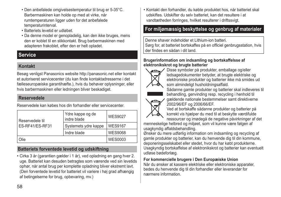 Service | Panasonic ESRF31 User Manual | Page 58 / 142