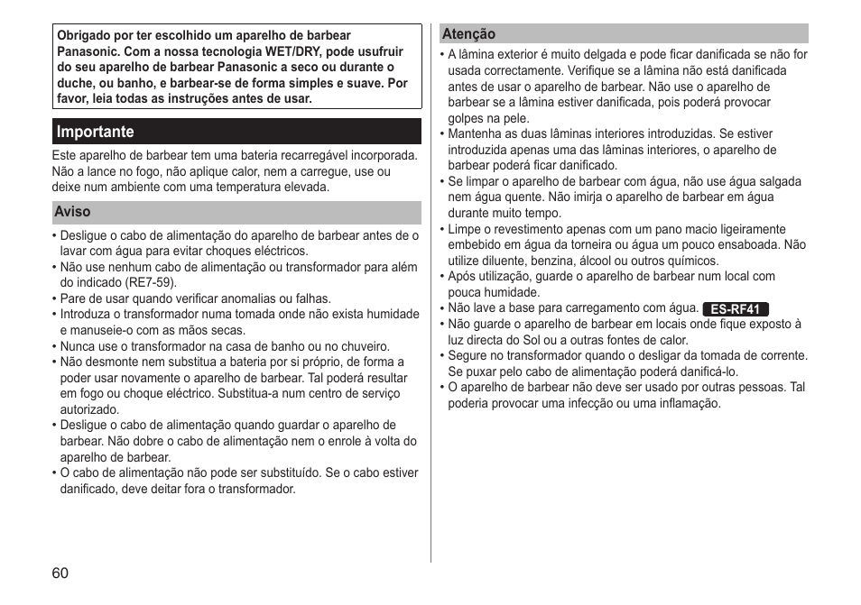 Importante | Panasonic ESRF31 User Manual | Page 60 / 142