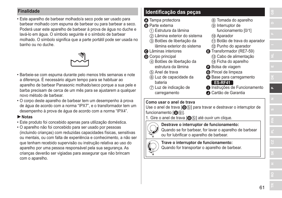 Identificação das peças | Panasonic ESRF31 User Manual | Page 61 / 142