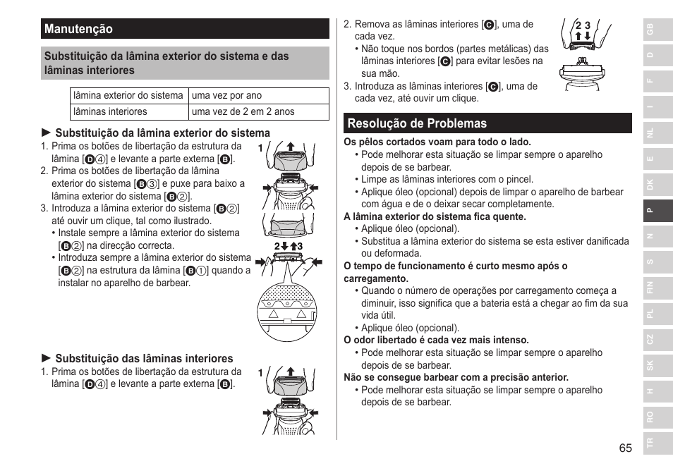 Manutenção, Resolução de problemas | Panasonic ESRF31 User Manual | Page 65 / 142