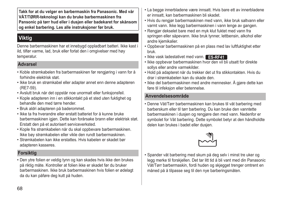 Viktig | Panasonic ESRF31 User Manual | Page 68 / 142