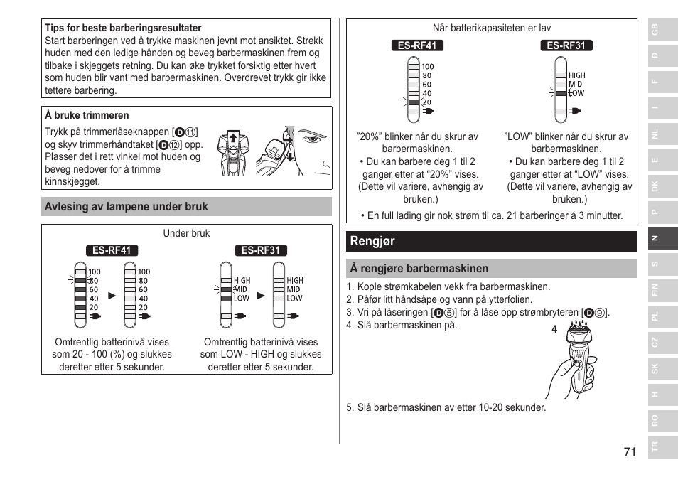 Rengjør | Panasonic ESRF31 User Manual | Page 71 / 142
