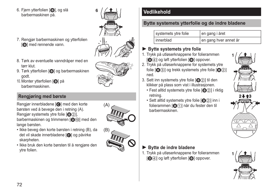 Vedlikehold | Panasonic ESRF31 User Manual | Page 72 / 142