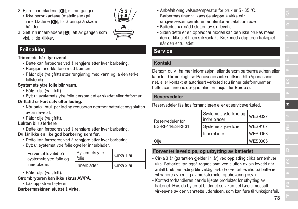 Feilsøking, Service | Panasonic ESRF31 User Manual | Page 73 / 142