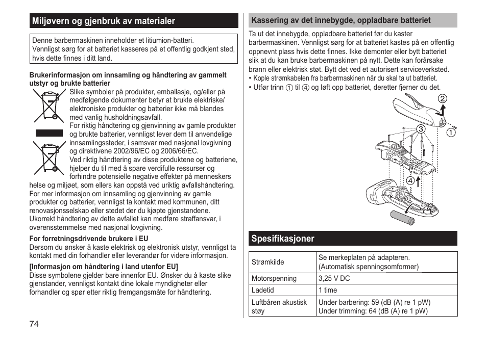 Miljøvern og gjenbruk av materialer, Spesifikasjoner | Panasonic ESRF31 User Manual | Page 74 / 142