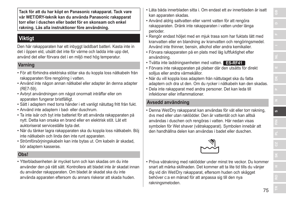 Viktigt | Panasonic ESRF31 User Manual | Page 75 / 142