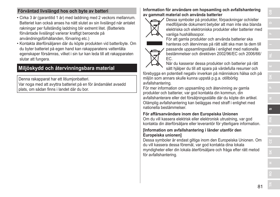 Miljöskydd och återvinningsbara material | Panasonic ESRF31 User Manual | Page 81 / 142