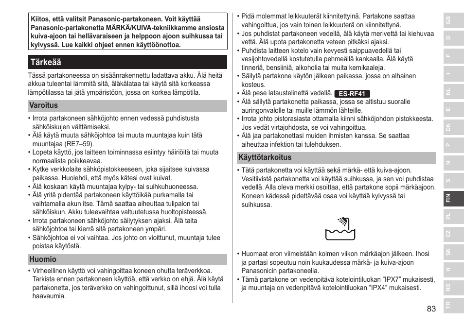 Tärkeää | Panasonic ESRF31 User Manual | Page 83 / 142