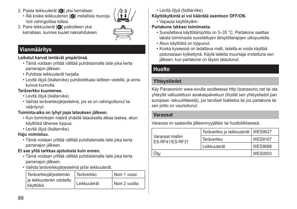 Vianmääritys, Huolto | Panasonic ESRF31 User Manual | Page 88 / 142
