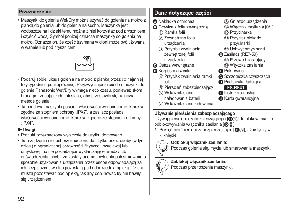 Dane dotyczące części | Panasonic ESRF31 User Manual | Page 92 / 142