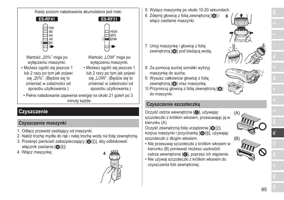 Czyszczenie | Panasonic ESRF31 User Manual | Page 95 / 142